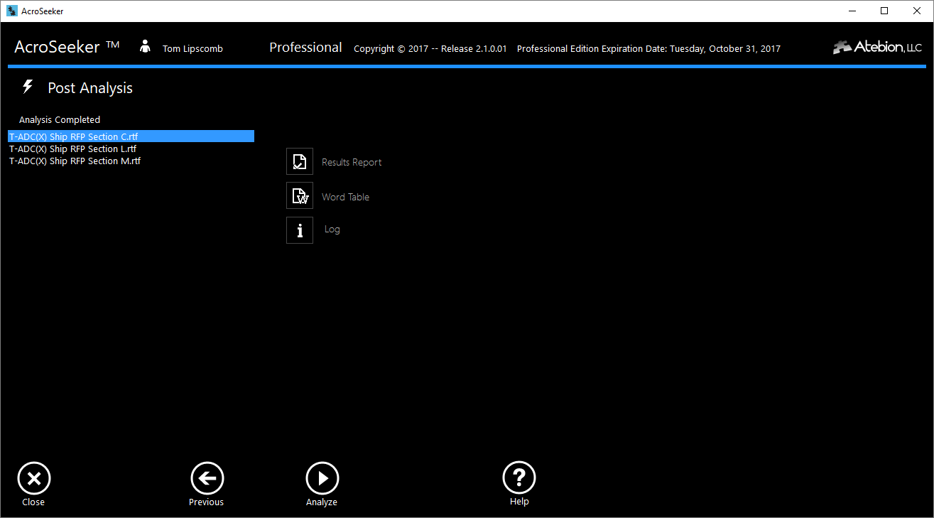 Screen image of the Multi-Documents Analysis Completed panel