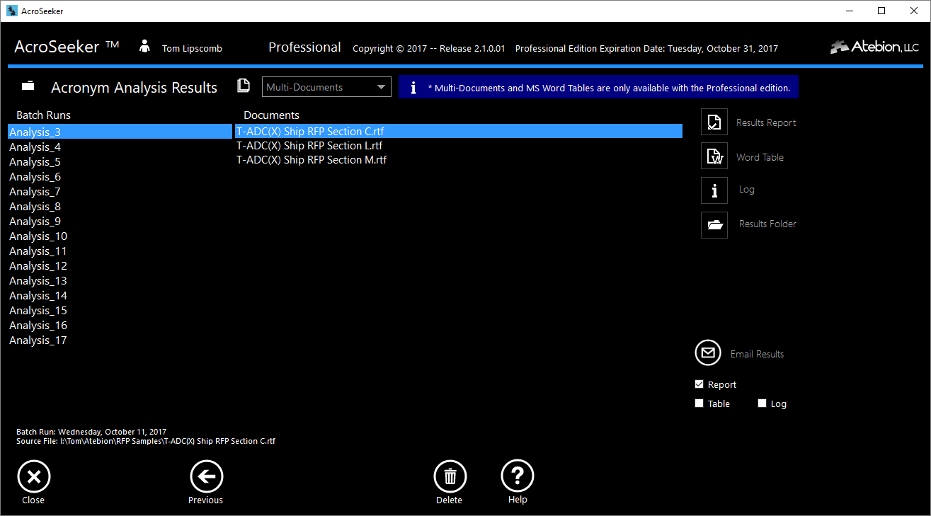 Screen image of the Analysis Results panel