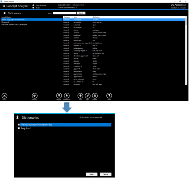 Dictionaries Download window