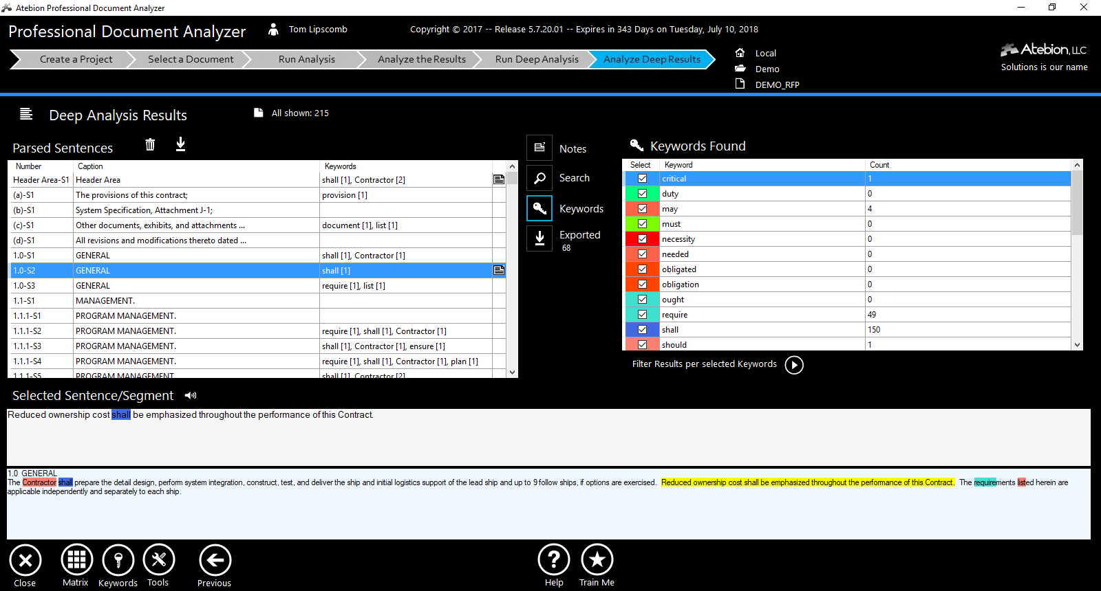 Screen image of the Deep Analysis panel