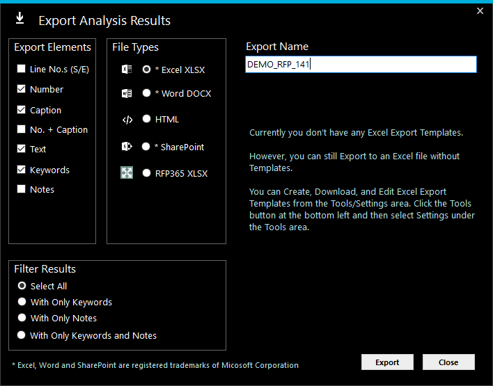 Screen image of the Analysis Results Export window