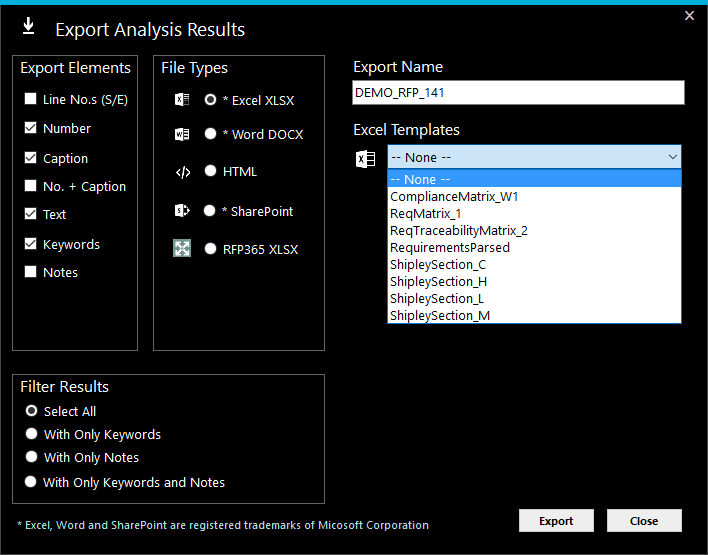 Screen image of the Analysis Results Export window