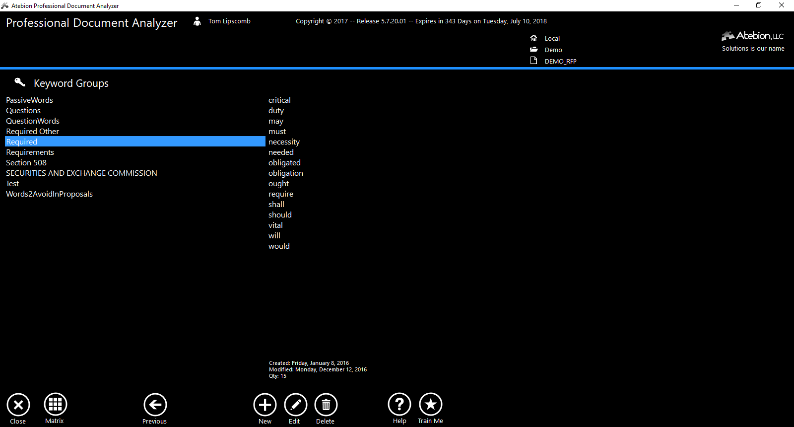 Screen image of the Keyword Groups panel