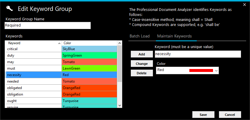 Screen image of the Edit Keyword Group window