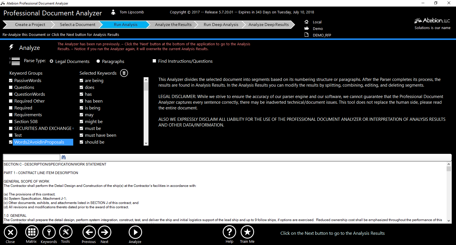 Screen image of the Analyze panel