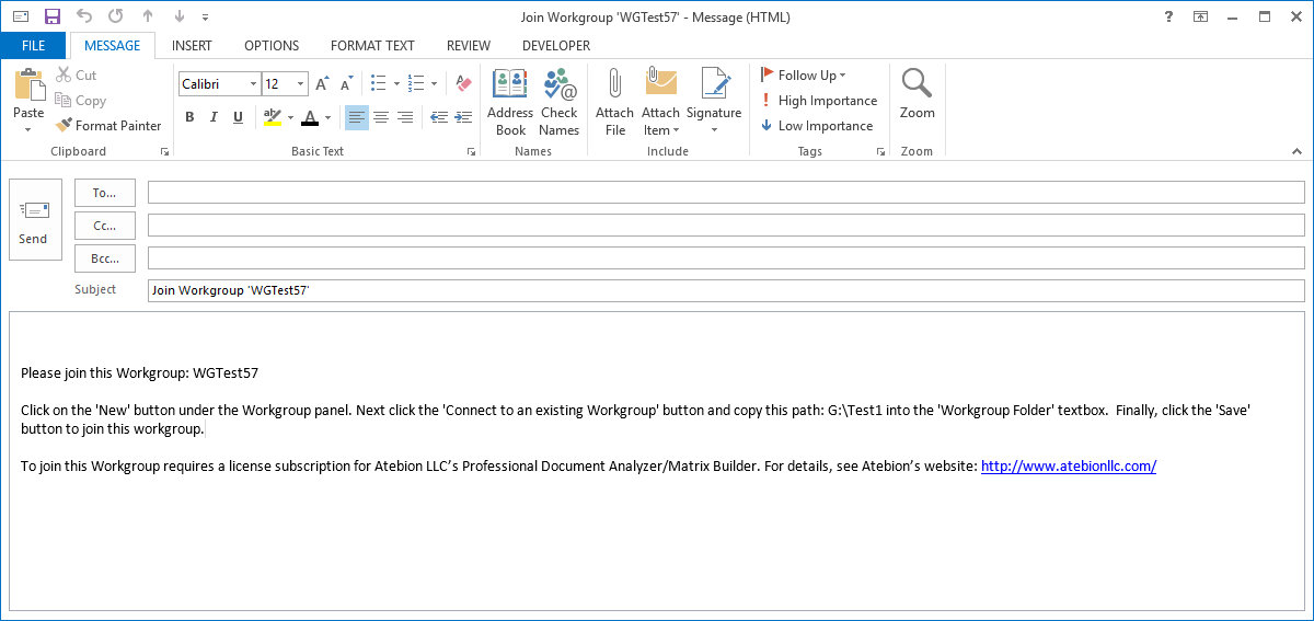 Screen image of a Workgroup invite via email Outlook window