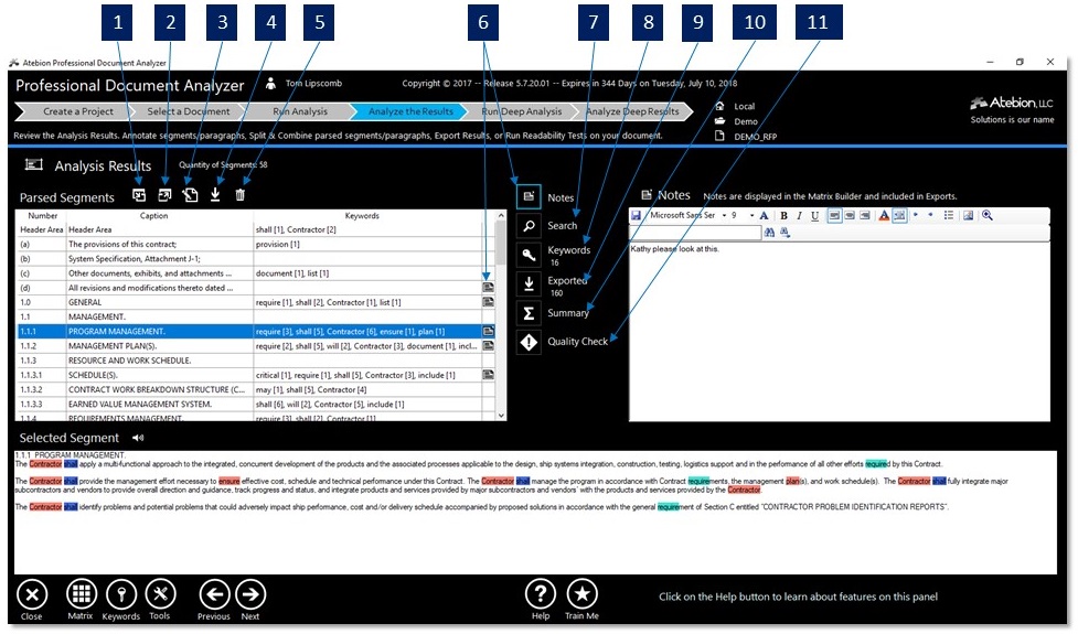 Screen image of the Analysis Results panel