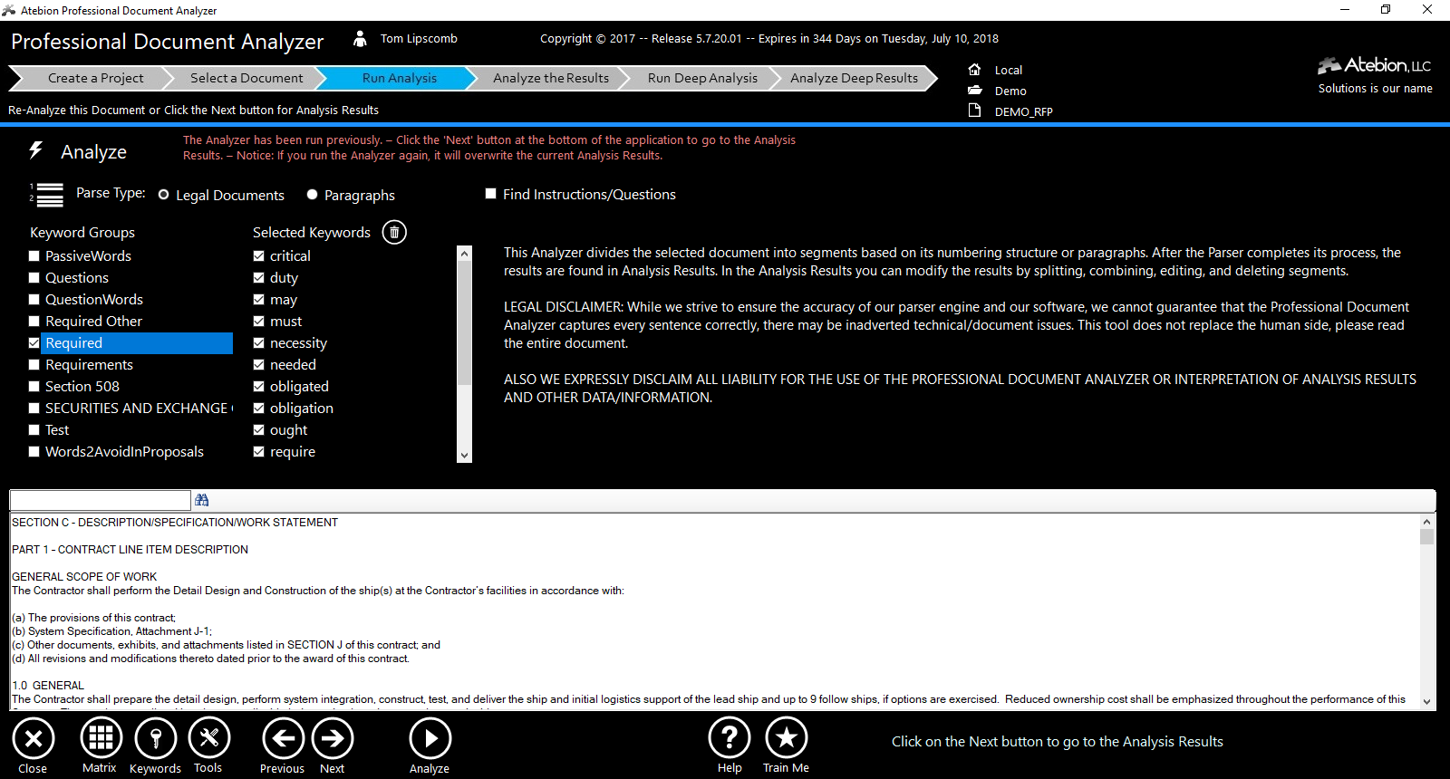 Screen image of the Analyze panel