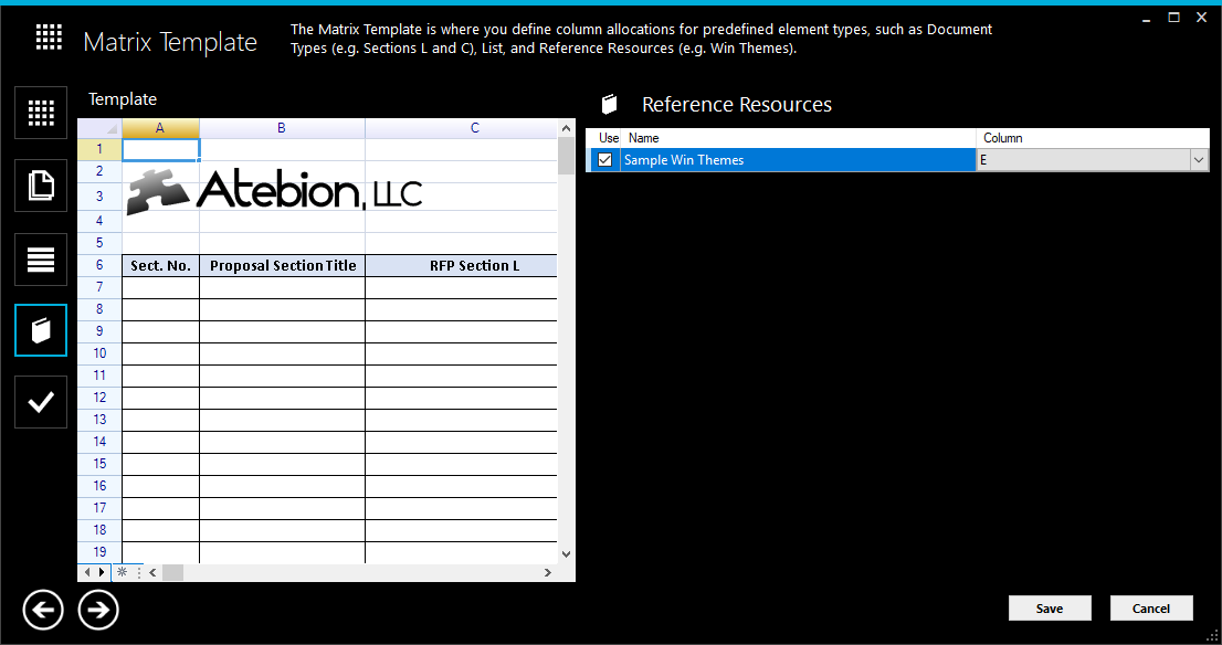 Screen image of the New/Edit Matrix Template window, Lists selected 